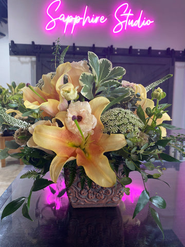 Rancho Cucamonga Flowers Florist Arrangement with Lillies, Butterfly Ranunculus, Veronica, Italian rucus in a vase